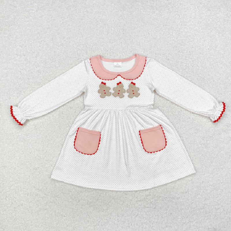 Sibling Baby Girls Embroidery Gingerbread Christmas Knee Length Dress Footie Rompers Clothes Sets   D 919