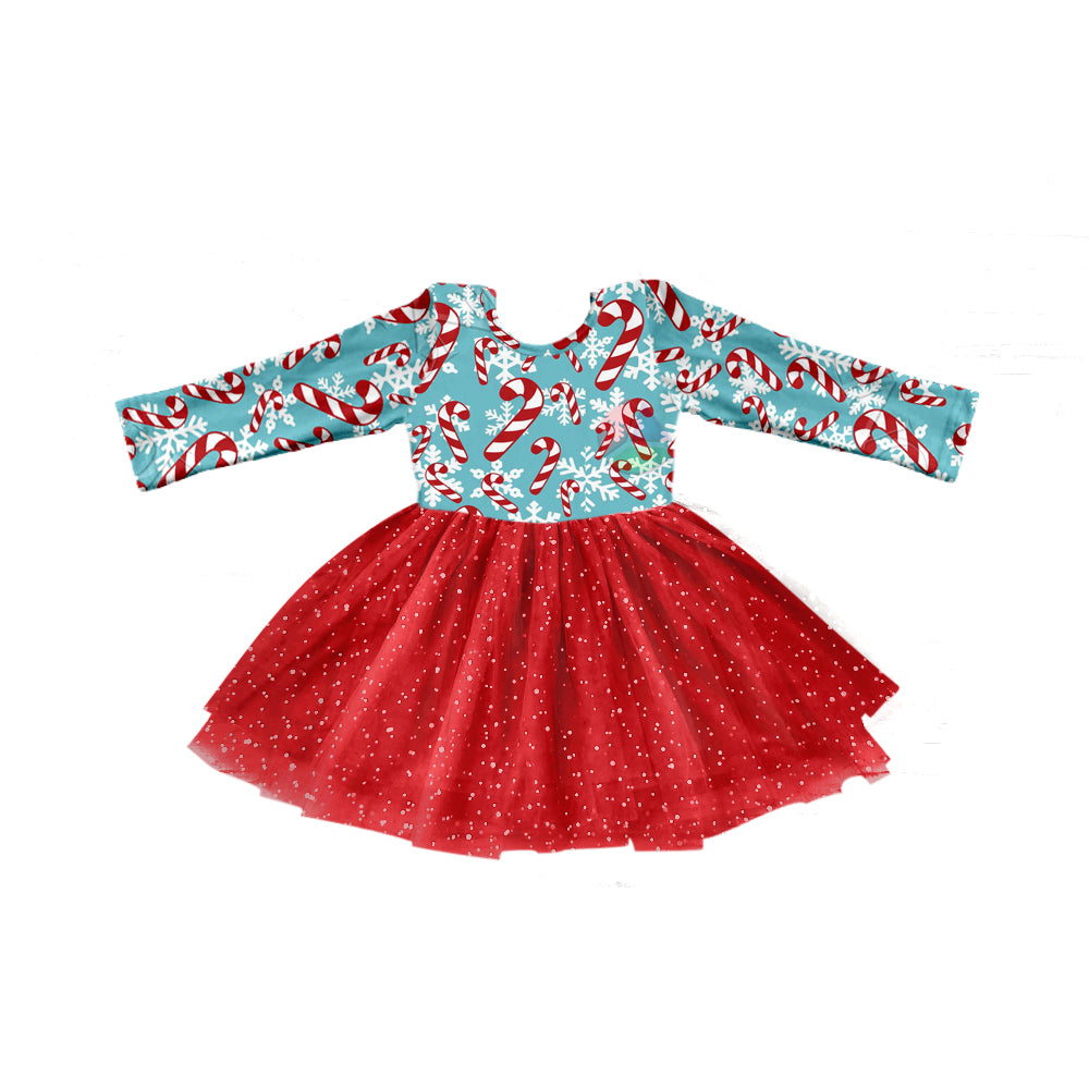 presale GLD0772 Christmas Cane Snowflake Pattern Red Tulle Long Sleeve Dress  2024 7.27