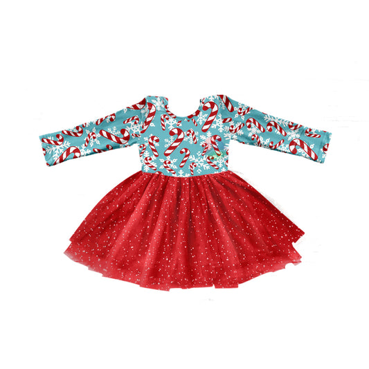presale GLD0772 Christmas Cane Snowflake Pattern Red Tulle Long Sleeve Dress 2024 7.27