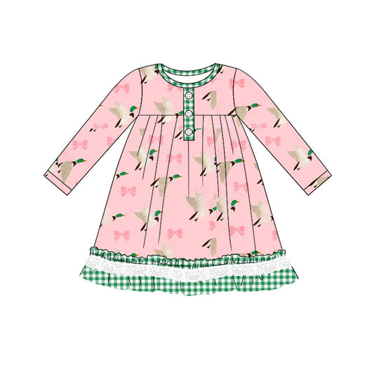 presale GLD0804 Pink long-sleeved dress with duck bow pattern and green plaid lace 2024 8.7