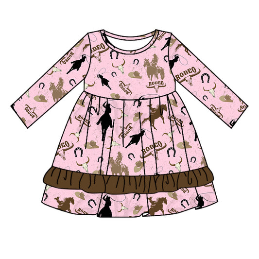 presale GLD0818 Horse Riding Alpine Bull Head Brown Lace Pink Long Sleeve Dress  2024 8.13