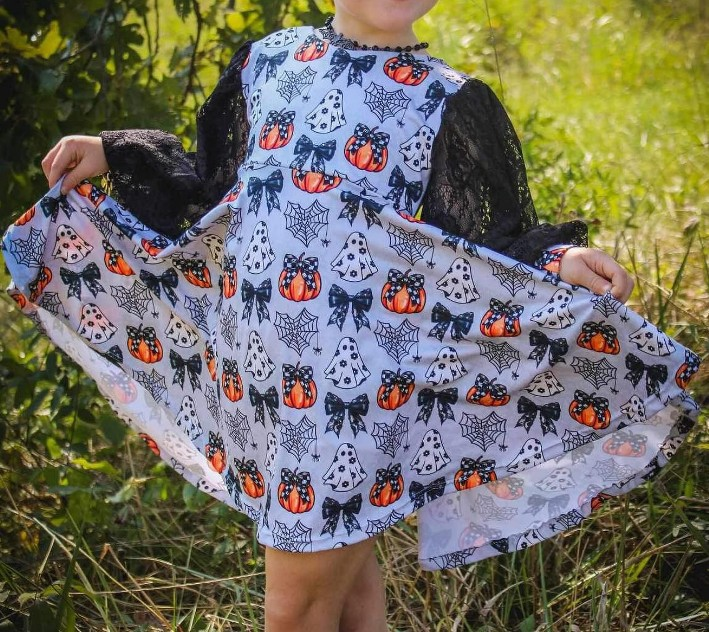 presale GLD0827 Halloween Bow Pumpkin Ghost Gray Long Sleeve Dress  2024 8.14