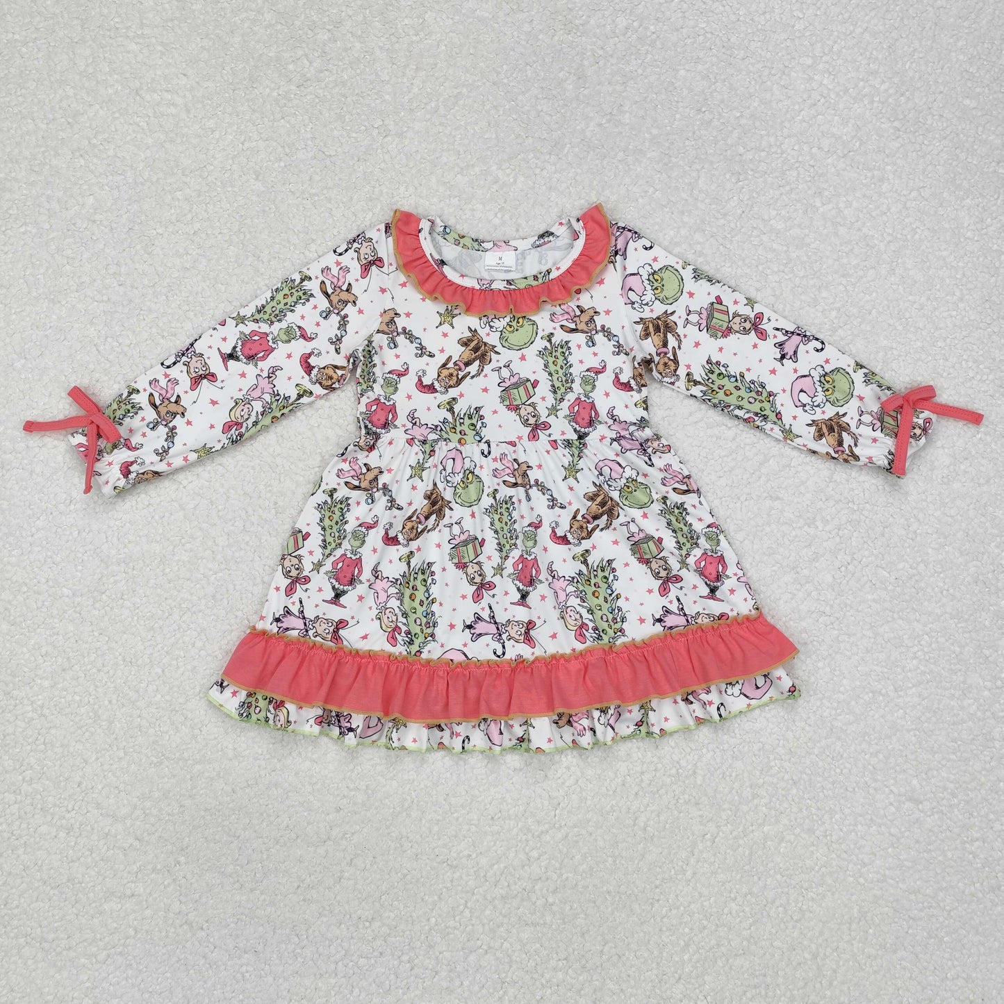 GLD0834 White long-sleeved dress with pink lace and stars