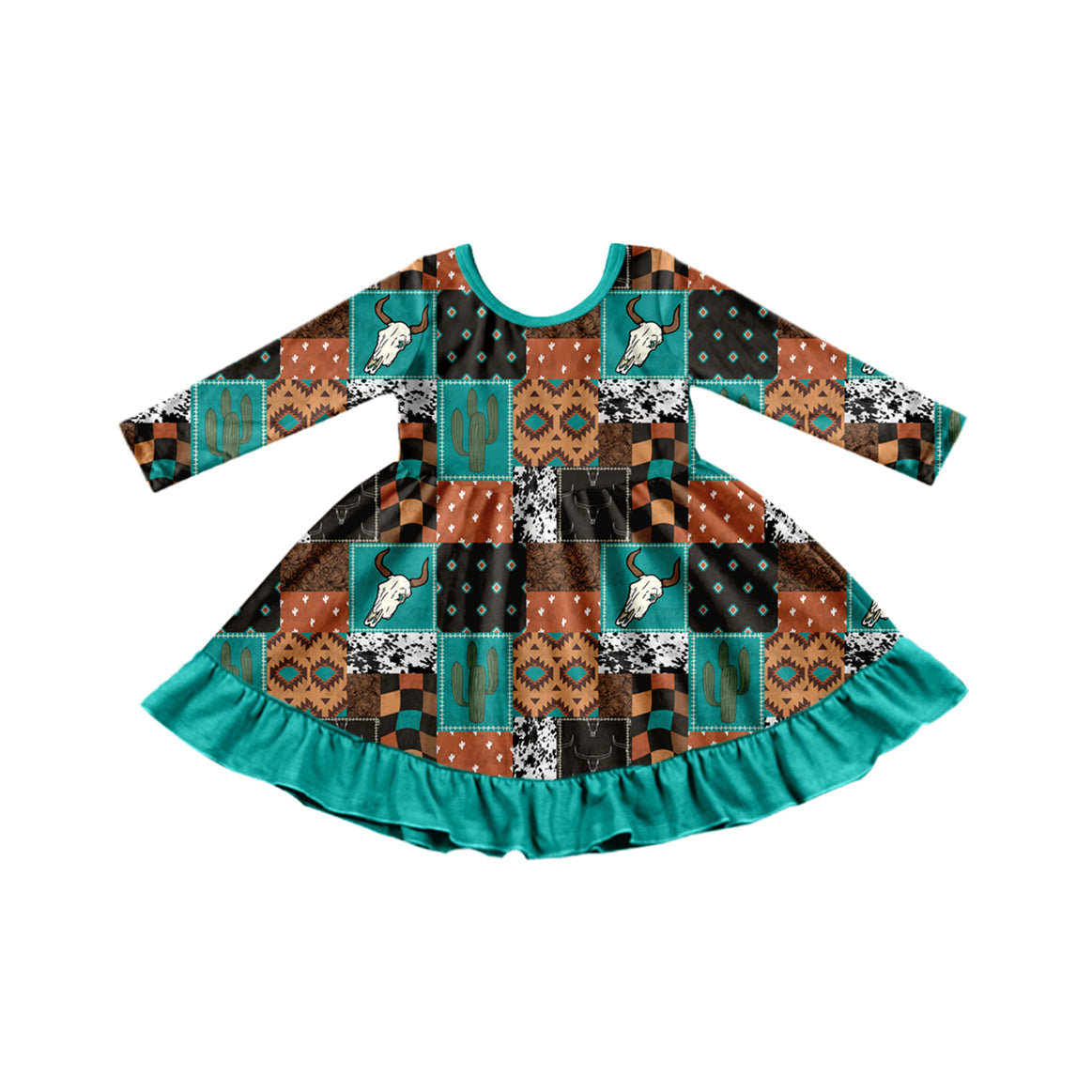 GLD0837 Alpine Bullhead Cactus Geometric Plaid Long Sleeve Dress   D 1022