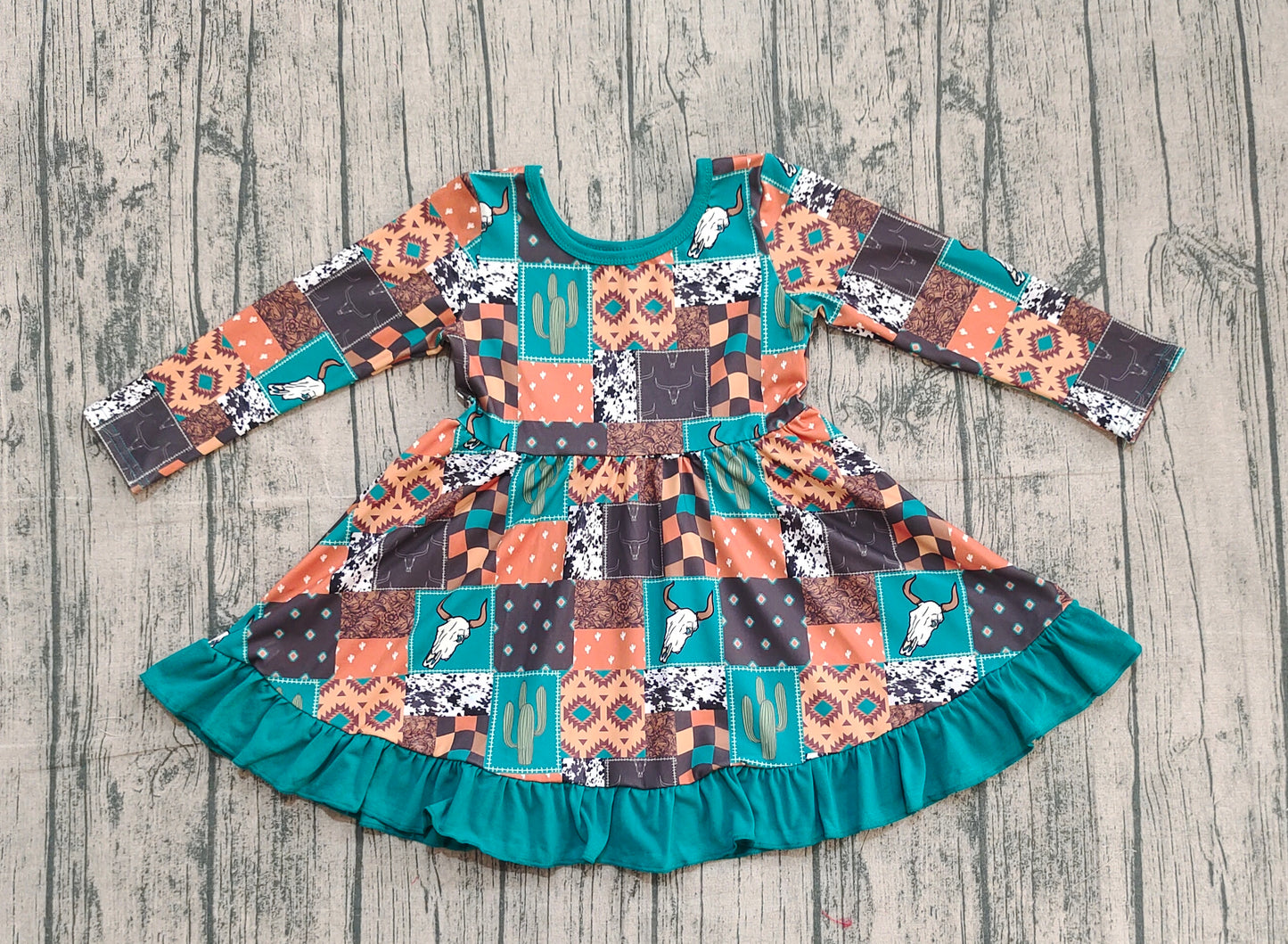 GLD0837 Alpine Bullhead Cactus Geometric Plaid Long Sleeve Dress   D 1022