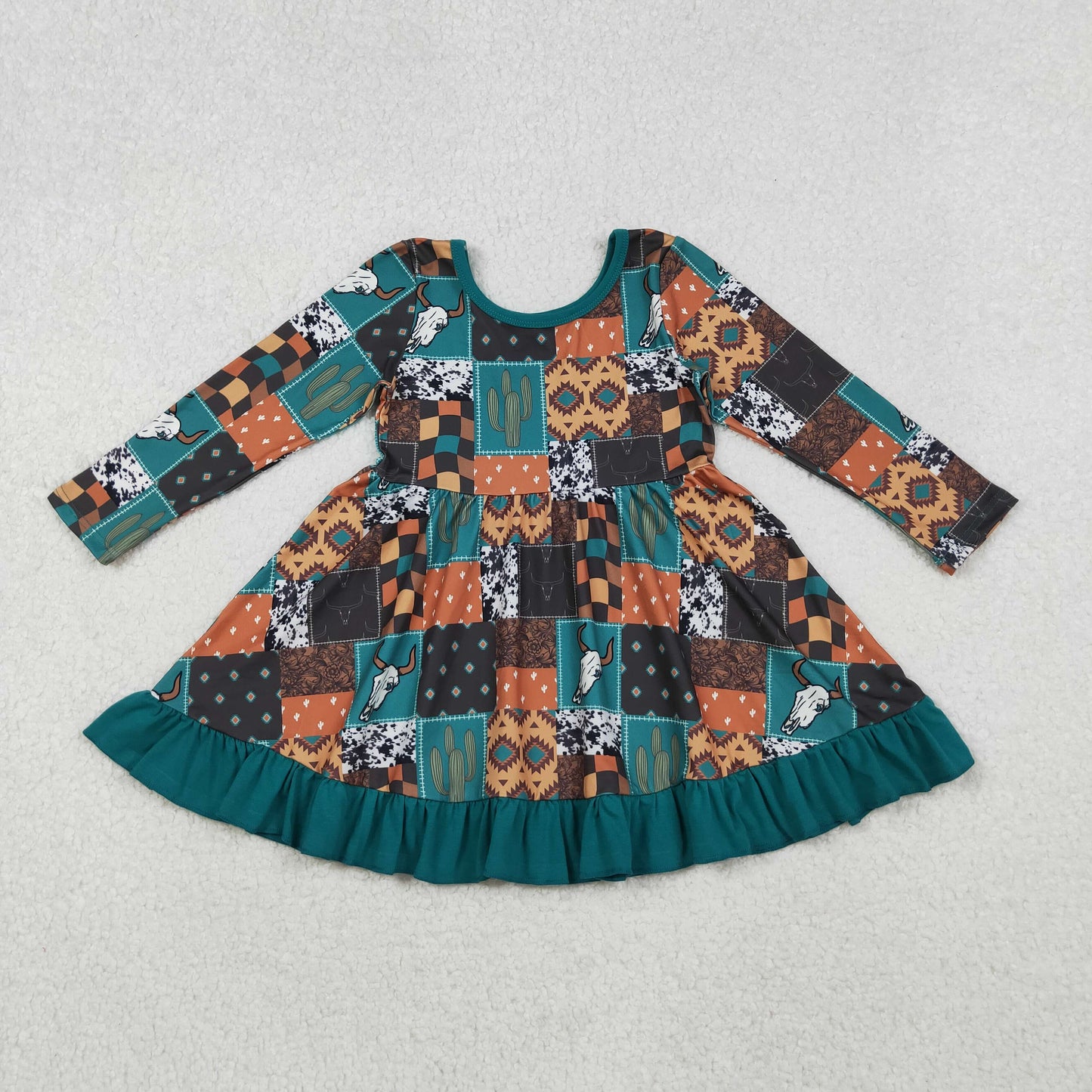 GLD0837 Alpine Bullhead Cactus Geometric Plaid Long Sleeve Dress   D 1022