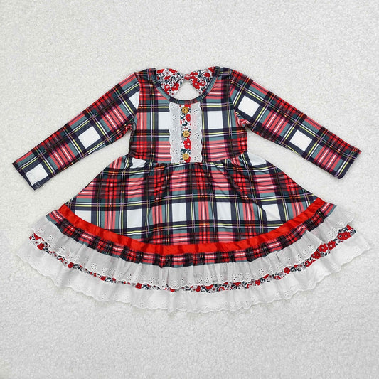 GLD0838 Christmas Plaid Lace Long Sleeve Dress