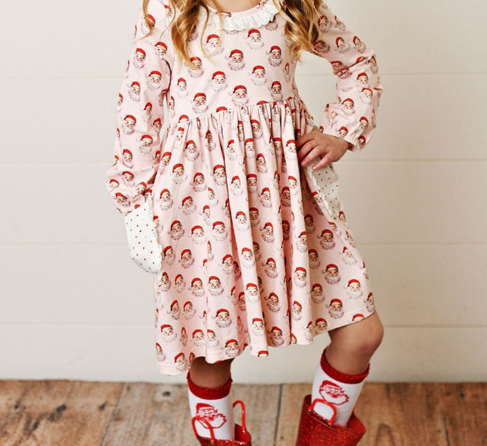 presale GLD0839 Baby Girls Christmas Pink Santa Pockets Knee Length Dresses 2024 8.21