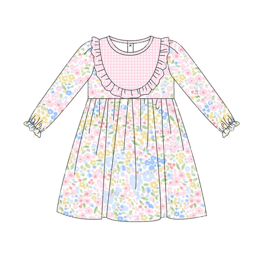 presale GLD0841 Floral Pink Plaid Lace Long Sleeve Dress 2024 8.21