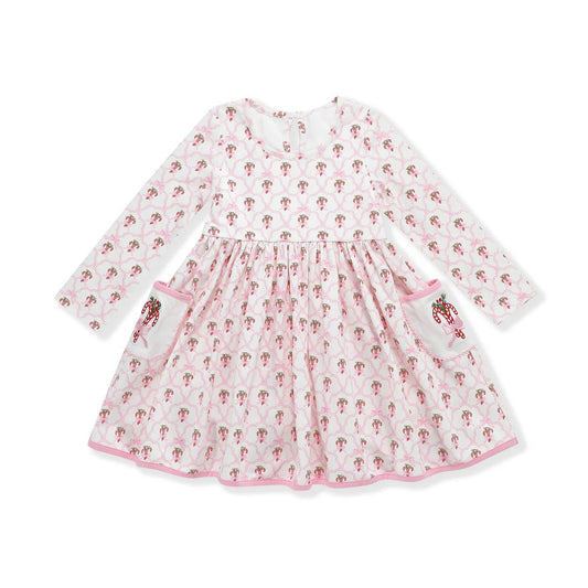 presale GLD0843 Christmas Cane Pocket White Long Sleeve Dress 2024 8.24