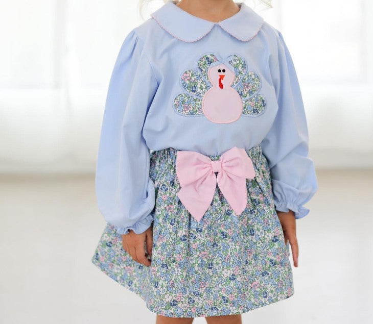 presale GLD0849 Floral Turkey Blue Doll Collar Long Sleeve Skirt Set   2024 8.27