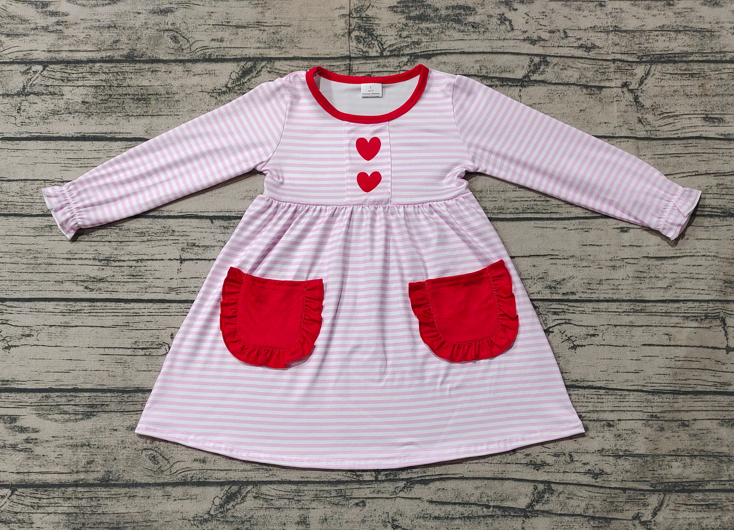 GLD0853  Red heart lace pocket pink striped long sleeve dress