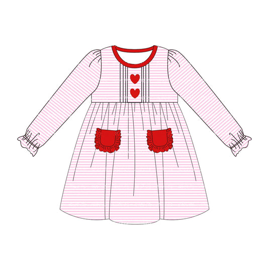 presale GLD0853  Red heart lace pocket pink striped long sleeve dress  2024 8.28