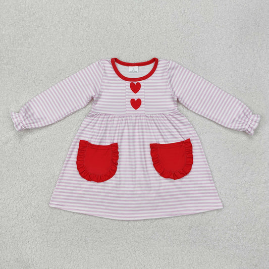 GLD0853 Red heart lace pocket pink striped long sleeve dress
