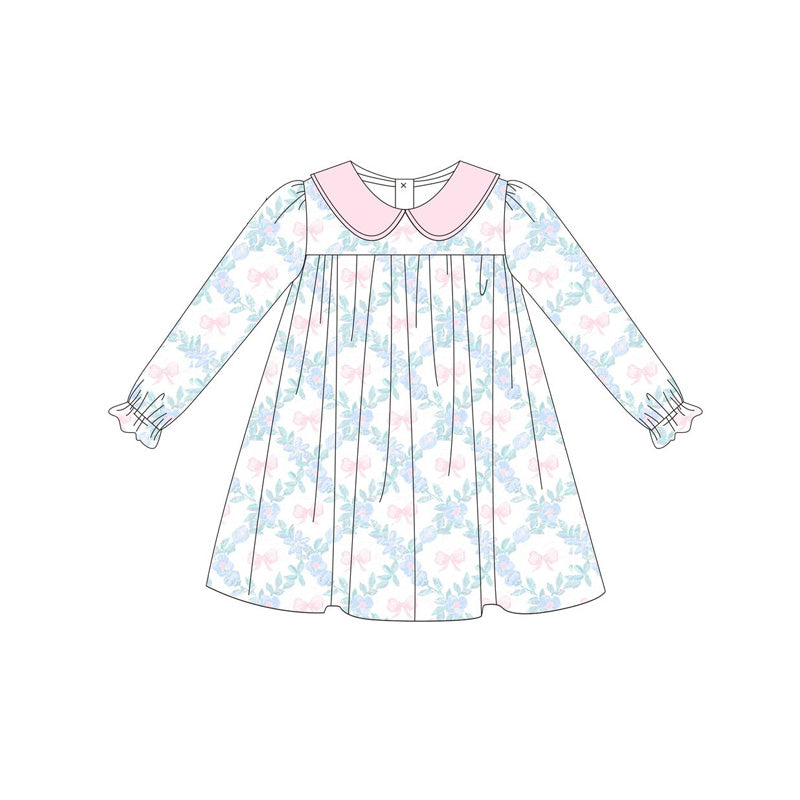GLD0854  White long-sleeved dress with butterfly pattern, flowers and leaves, pink doll collar