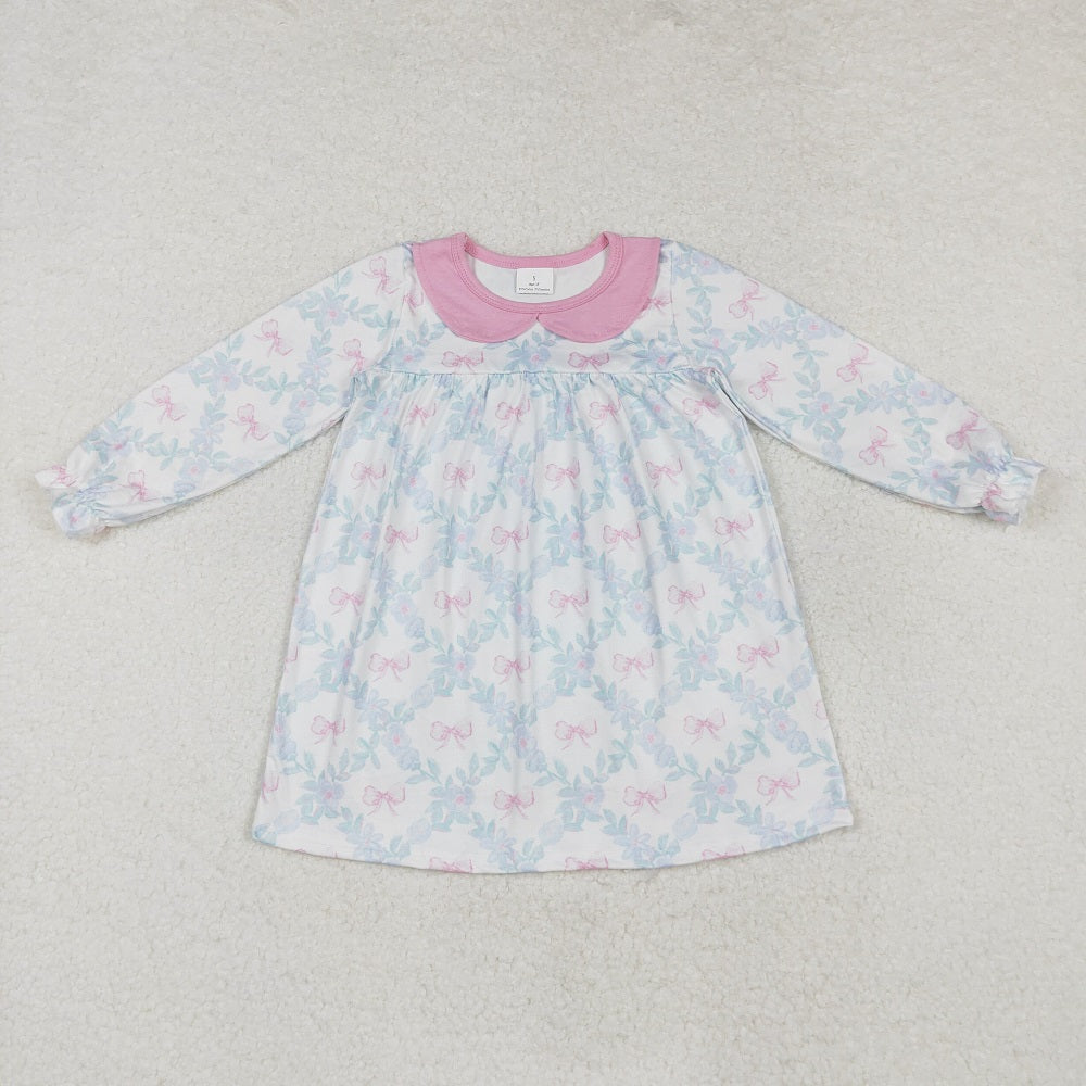 GLD0854  White long-sleeved dress with butterfly pattern, flowers and leaves, pink doll collar