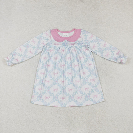 GLD0854 White long-sleeved dress with butterfly pattern, flowers and leaves, pink doll collar