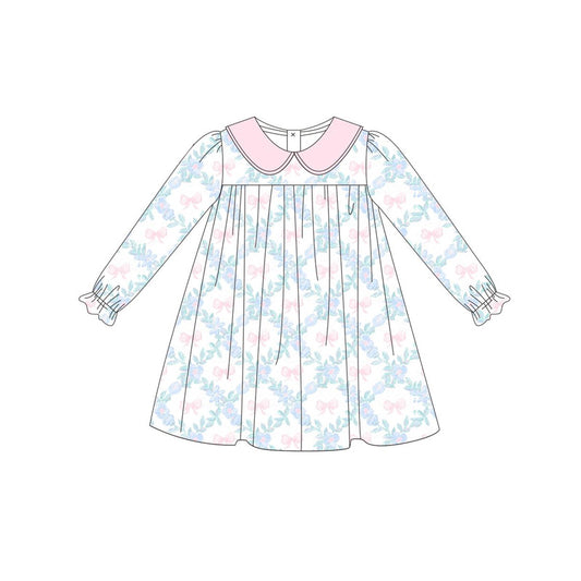 presale GLD0854  White long-sleeved dress with butterfly pattern, flowers and leaves, pink doll collar  2024 8.28