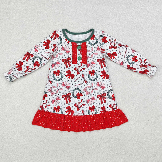 GLD0855 Christmas Star Wreath Bow Pattern Polka Dot Red Lace Long Sleeve Dress