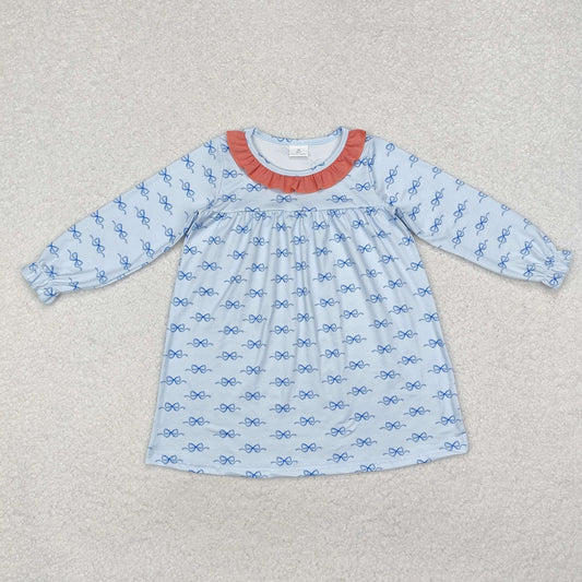 GLD0865 Blue long-sleeved dress with pink lace and bow pattern