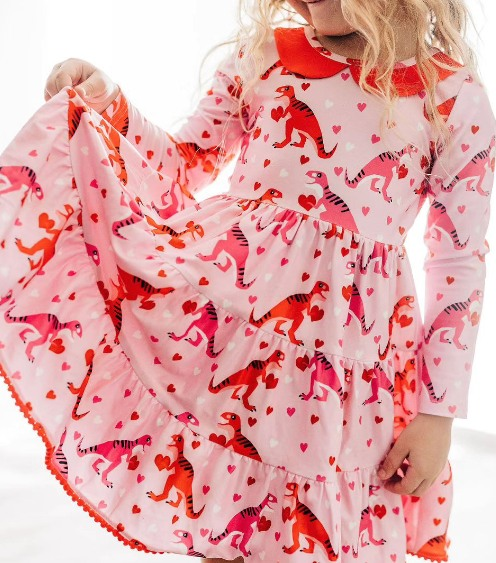 presale GLD0871  Heart Dinosaur Red Doll Collar Pink Long Sleeve Dress  2024 9.4