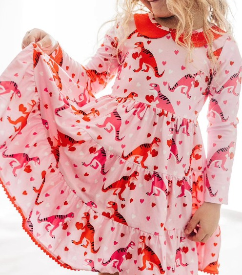 presale GLD0871 Heart Dinosaur Red Doll Collar Pink Long Sleeve Dress 2024 9.4
