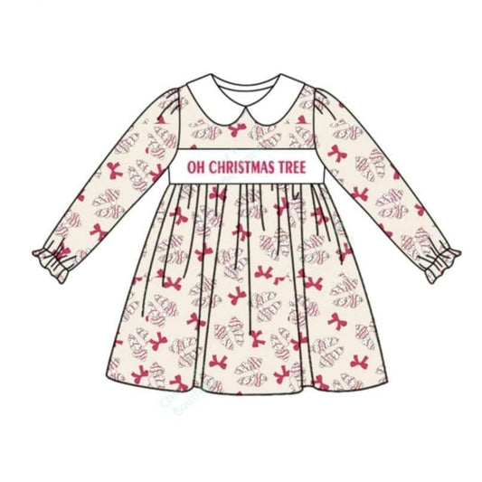 presale GLD0875 beige long-sleeved dress with christmas tree bow pattern and baby collar 2024 9.4