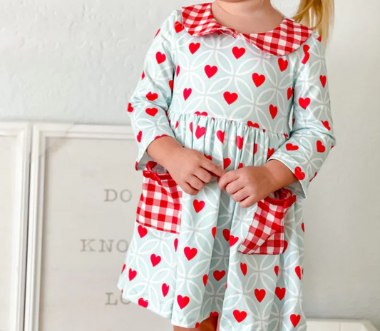 presale GLD0880 Heart Pattern Red and White Plaid Doll Collar Long Sleeve Dress 2024 9.5