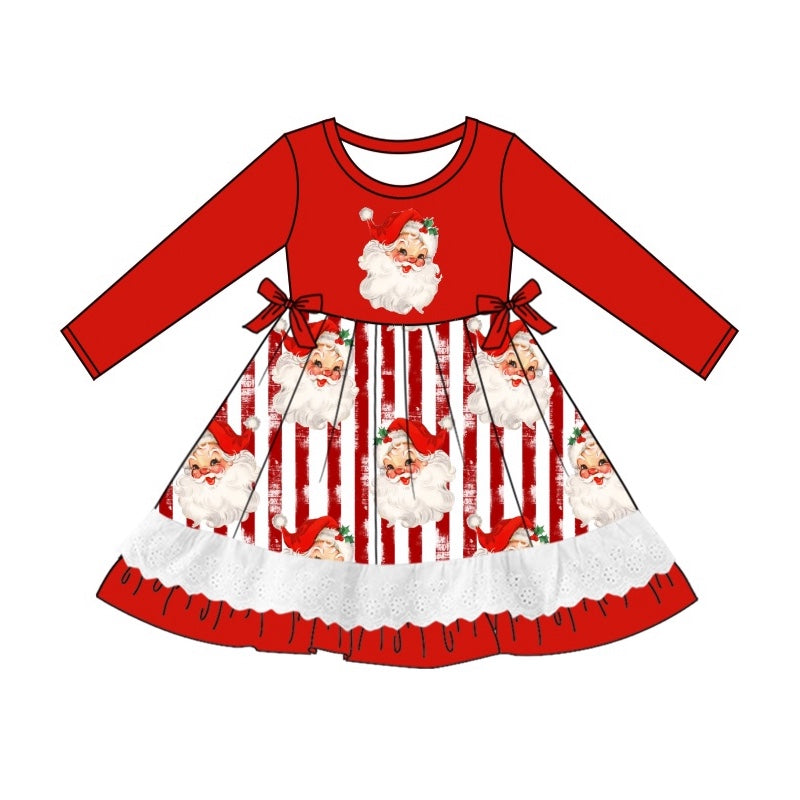 GLD0881  Santa Claus Lace Striped Red Long Sleeve Dress