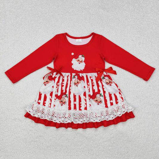 GLD0881  Santa Claus Lace Striped Red Long Sleeve Dress