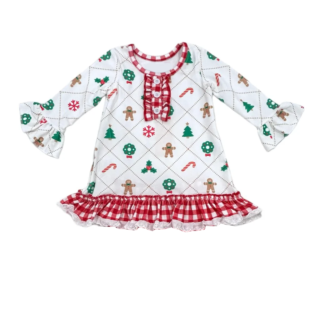 presale GLD0882  Christmas tree wreath gingerbread man candy cane red and white plaid lace white long-sleeved dress 2024 9.5