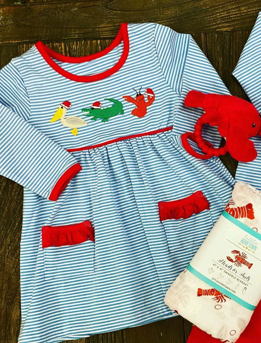 presale GLD0888 Christmas Bird Alligator Lobster Blue Stripe Red Lace Pocket Long Sleeve Dress  2024 9.7