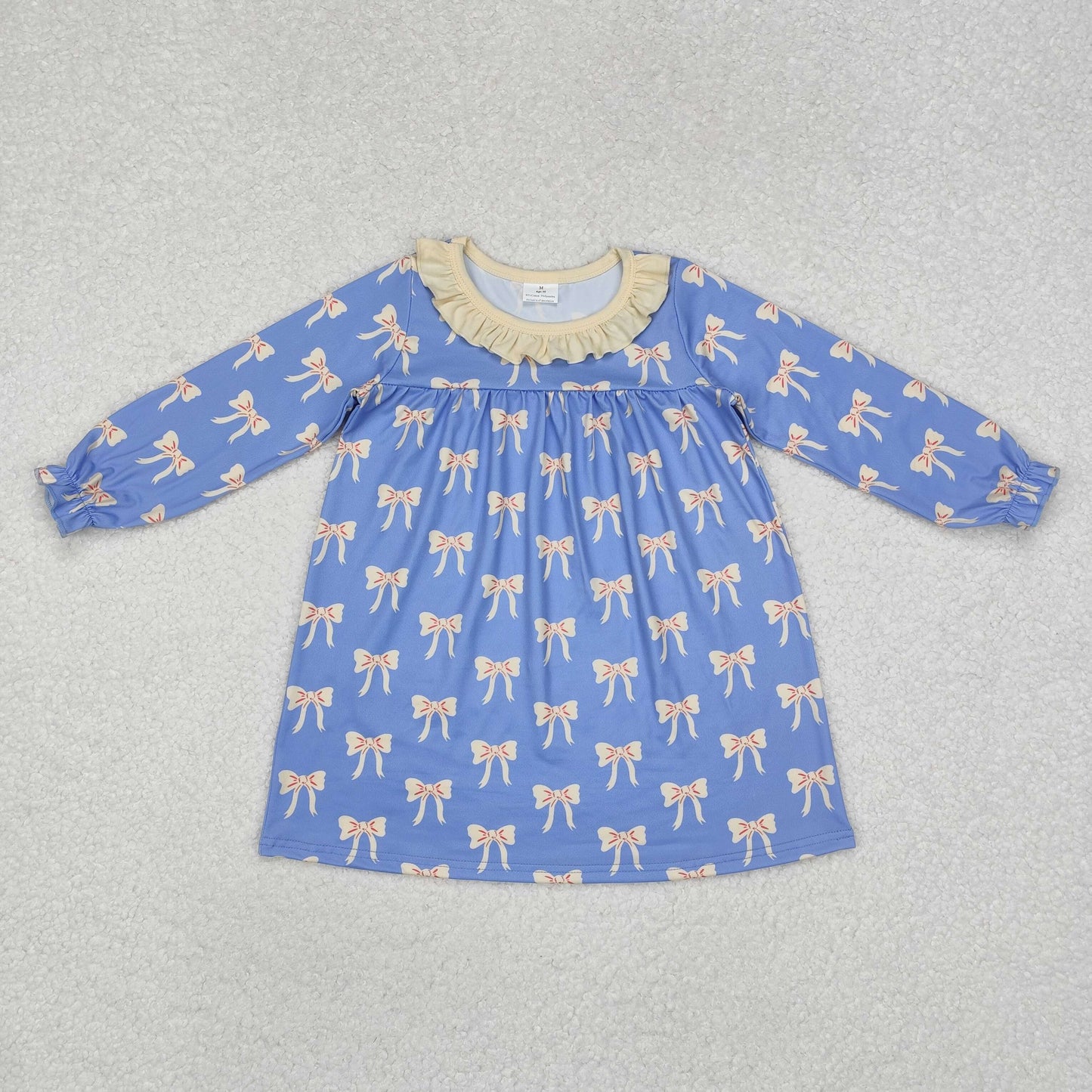 GLD0897 Beige lace blue long-sleeved dress with bow pattern