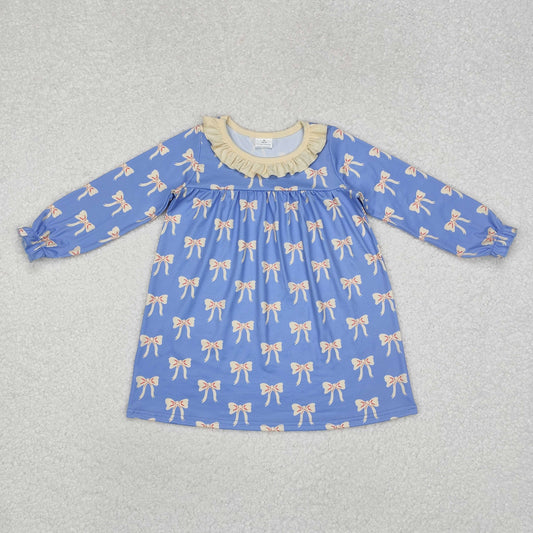 GLD0897 Beige lace blue long-sleeved dress with bow pattern