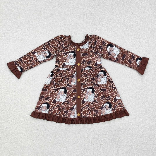 GLD0910 Santa Claus Brown Lace Button Camouflage Long Sleeve Dress