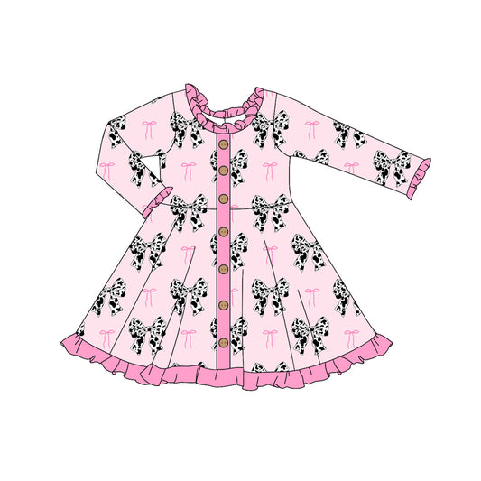 presale GLD0912  Cow pattern bow button pink lace long sleeve dress 2024 9.13