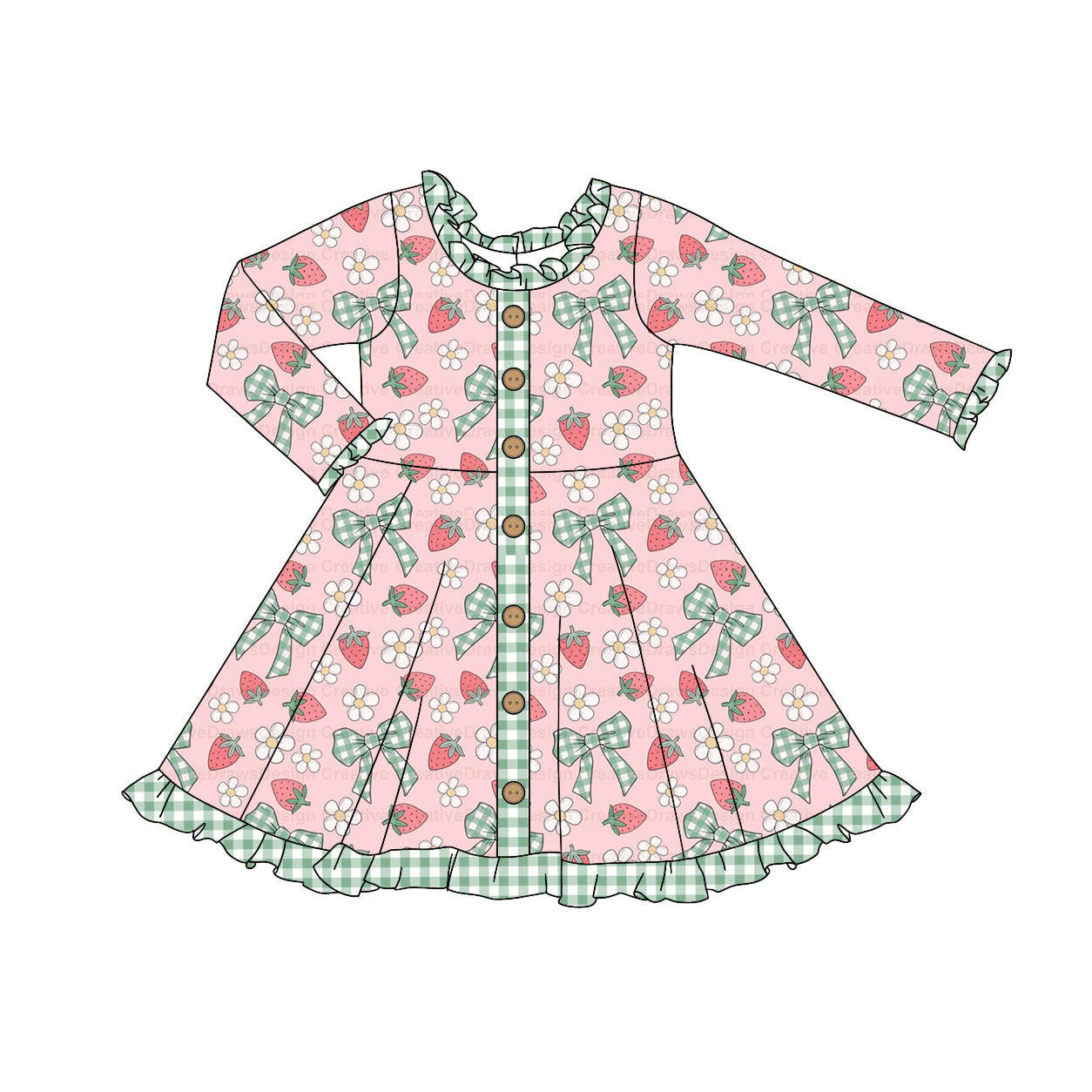 presale GLD0920 Bow pattern strawberry flower green plaid lace button pink long sleeve dress   2024 9.14