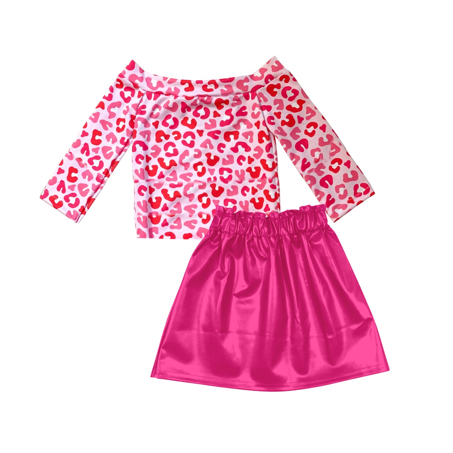 presale GLD0925  Baby Girls Valentines Pink Leopard Top Leather Skirts Clothes Sets  2024 9.16