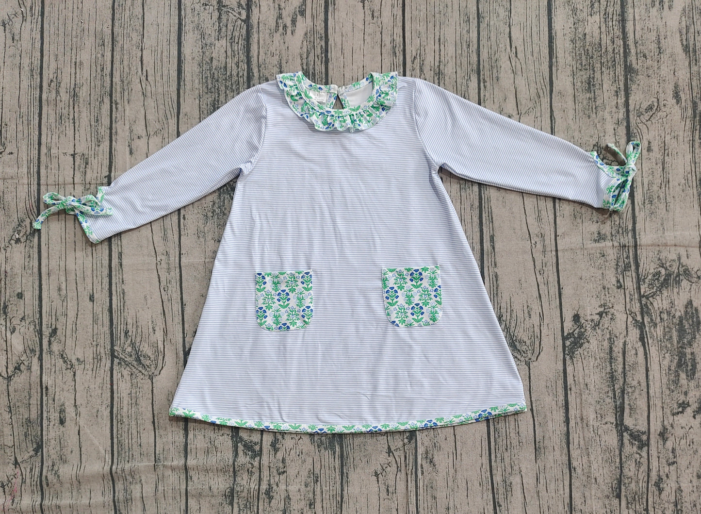GLD0927 Baby Girls Stripes Green Flowers Pockets Knee Length Dresses  D 911