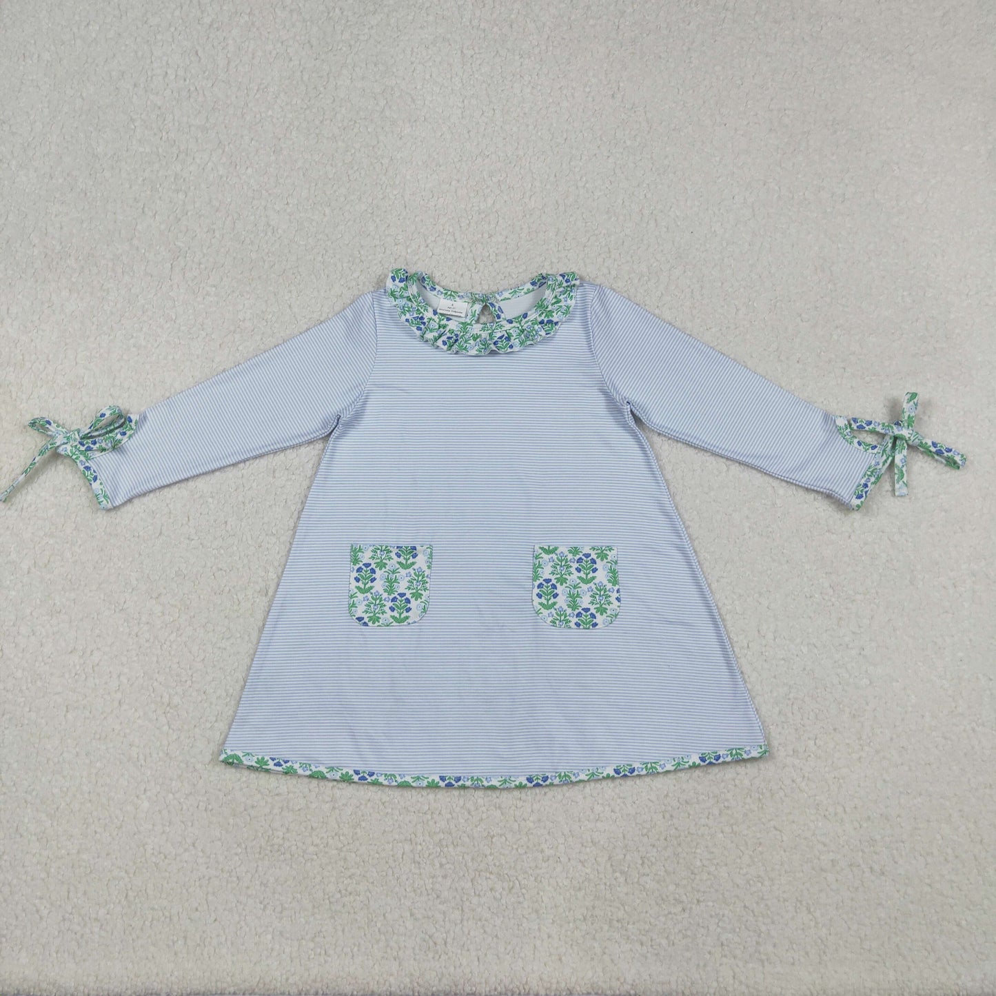GLD0927 Baby Girls Stripes Green Flowers Pockets Knee Length Dresses  D 911
