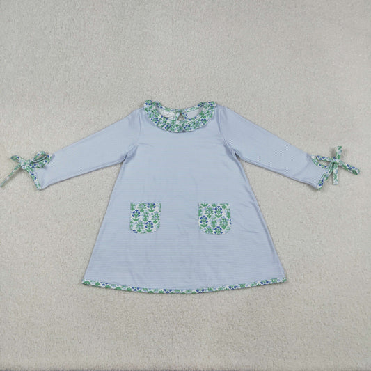 GLD0927 Baby Girls Stripes Green Flowers Pockets Knee Length Dresses D 911