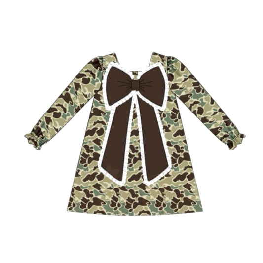 presale GLD0938 Brown and Green Camouflage Bow Long Sleeve Dress   2024 9.21