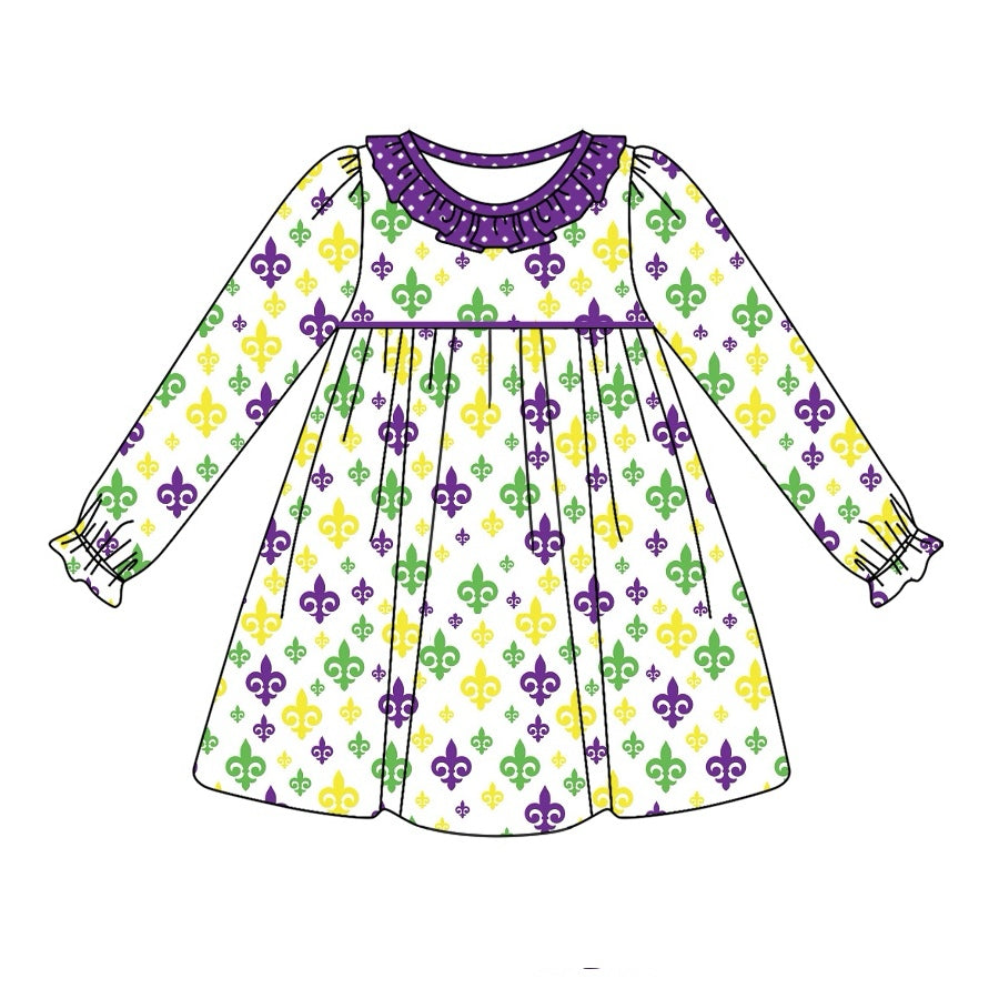 presale GLD0950  White long-sleeved dress with Mardi Gras pattern polka dots and purple lace  2024 9.25