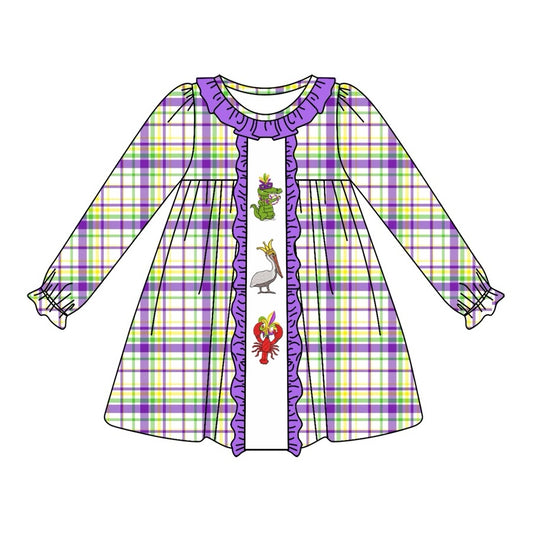 presale GLD0953  Mardi Gras Alligator Bird Lobster Purple Lace Plaid Long Sleeve Dress 2024 9.25