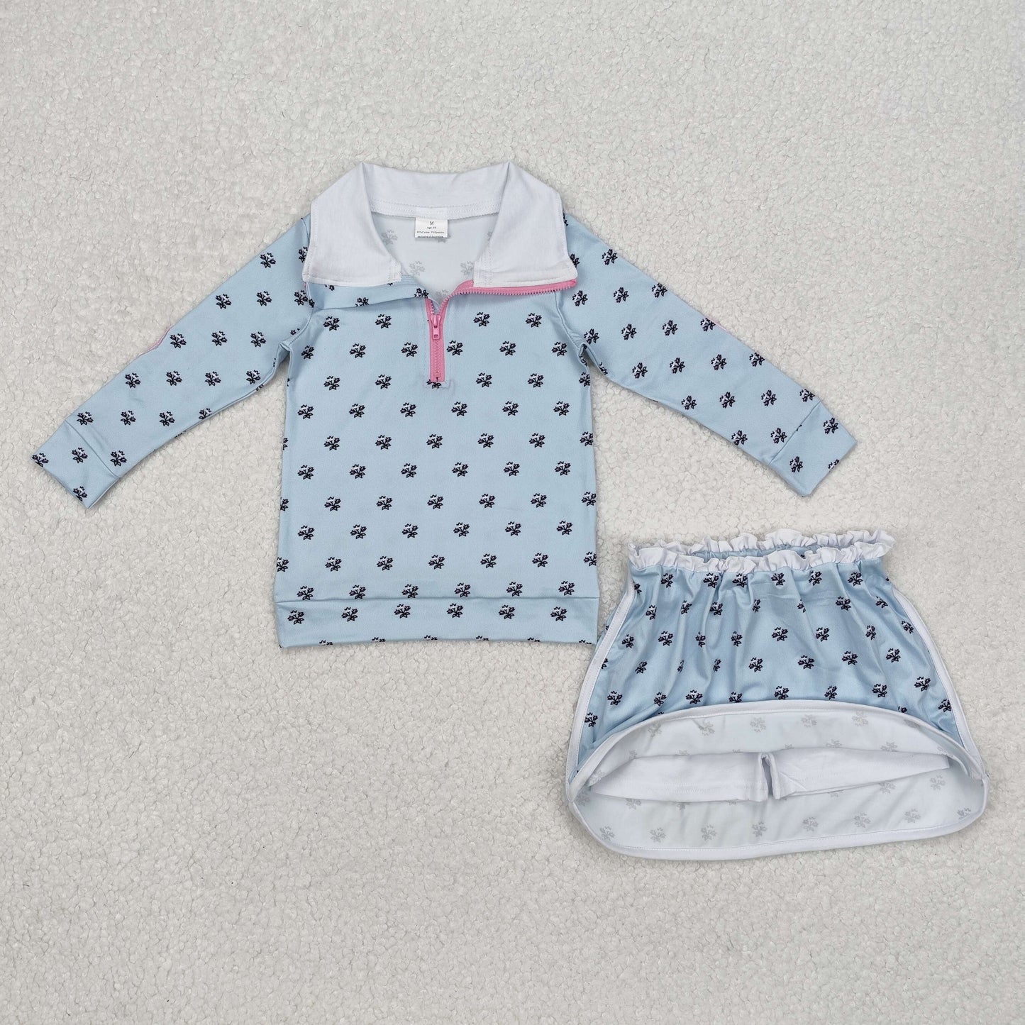 GLD0972 Flower and Leaf Light Blue Zipper Long Sleeve Short Skirt Suit