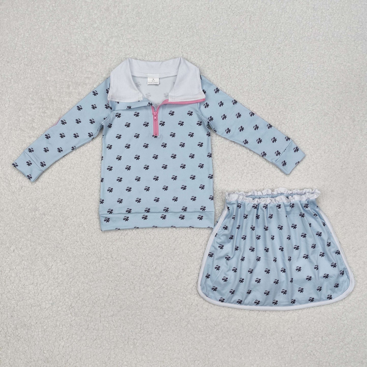GLD0972 Flower and Leaf Light Blue Zipper Long Sleeve Short Skirt Suit