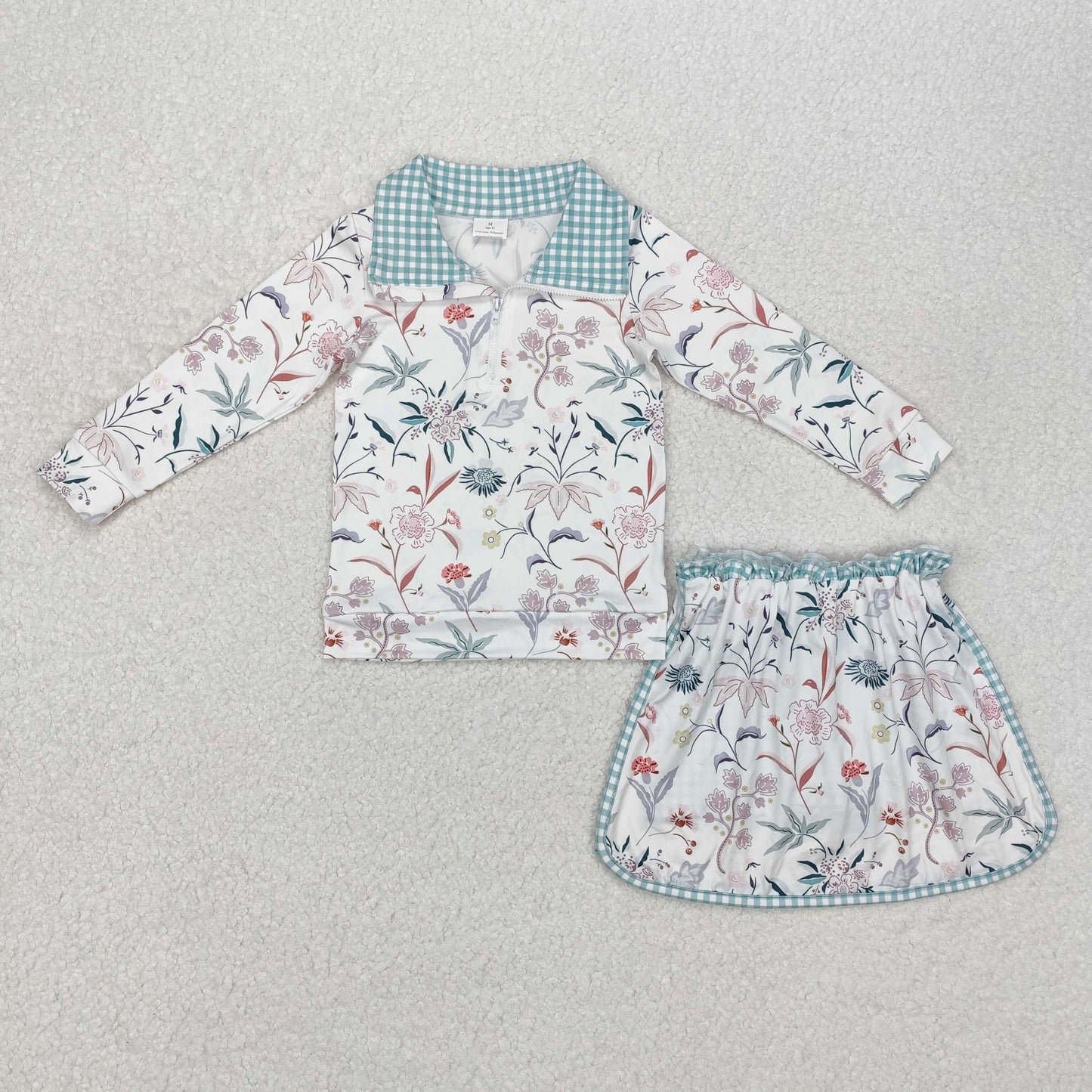 GLD0973 Flower Leaf Green Plaid Zipper Long Sleeve Short Skirt Suit