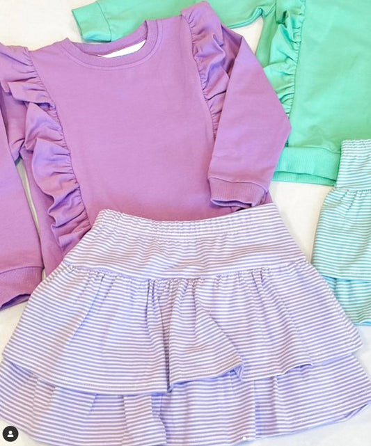 presale GLD0974 Solid Purple Lace Long Sleeve Striped Short Skirt Suit  2024 10.26