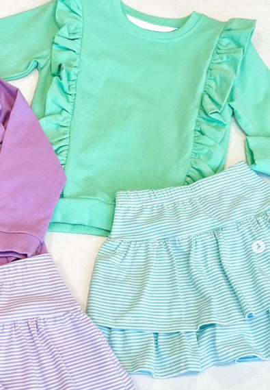 presale GLD0975  Solid Green Lace Long Sleeve Striped Short Skirt Suit 2024 10.26