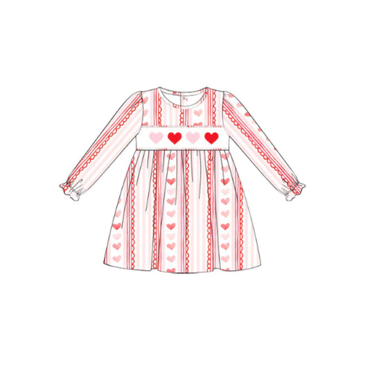 presale GLD0976 Valentine's Day Love Heart Lace Stripe Pattern Pink and White Long Sleeve Dress 2024 10.26